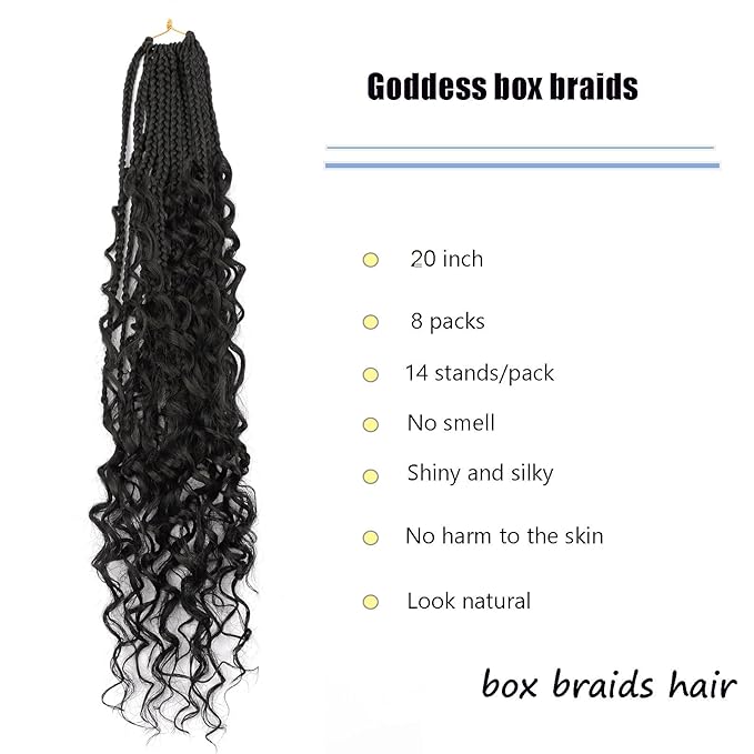 20 Inch Goddess Box Braids Crochet hair for Black Women 8 Packs 3X Boho Crochet Braids Curly Ends Synthetic Braiding Hair Extension 1B