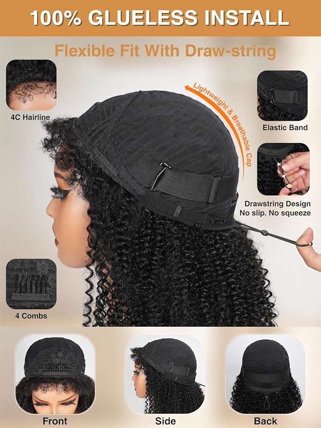 Kinky Curly Half Wig Human Hair Upgrade 4C Edge Hairline 200% Density Wear Go Glueless 3 In 1 Drawstring Seamless Flip Over Wig for Women Daily Wear Headband Wig Beginner Friendly (14 inch)