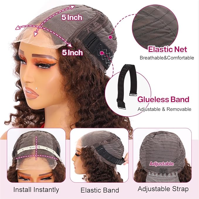 Curly Bob Wig Human Hair Deep Wave Glueless Wigs Human Hair Pre Plucked Pre Cut 5x5 Wear And Go HD Lace Closure Wigs Human Hair For Black Women 200% Density Chocolate Brown Color 14 Inch
