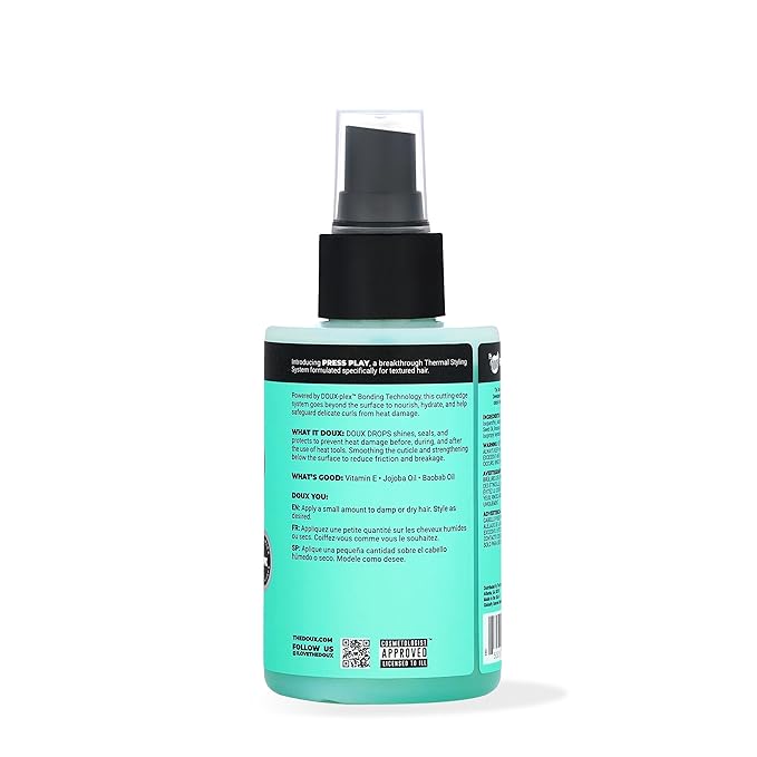 The Doux DOUX DROPS Bonding Polish Spray – Anti-Humidity Hair Smoother & Heat Protectant for Curly Hair – Silkening Bonding Oil with Vitamin E, Baobab & Jojoba, 4 oz