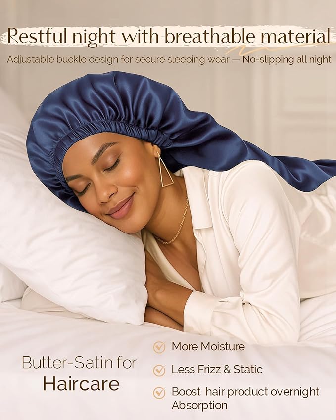 YANIBEST Long Bonnet Braid Bonnet for Sleeping Adjustable Satin Silk Bonnet for Braids Sleep Bonnet for Women Locs Navy