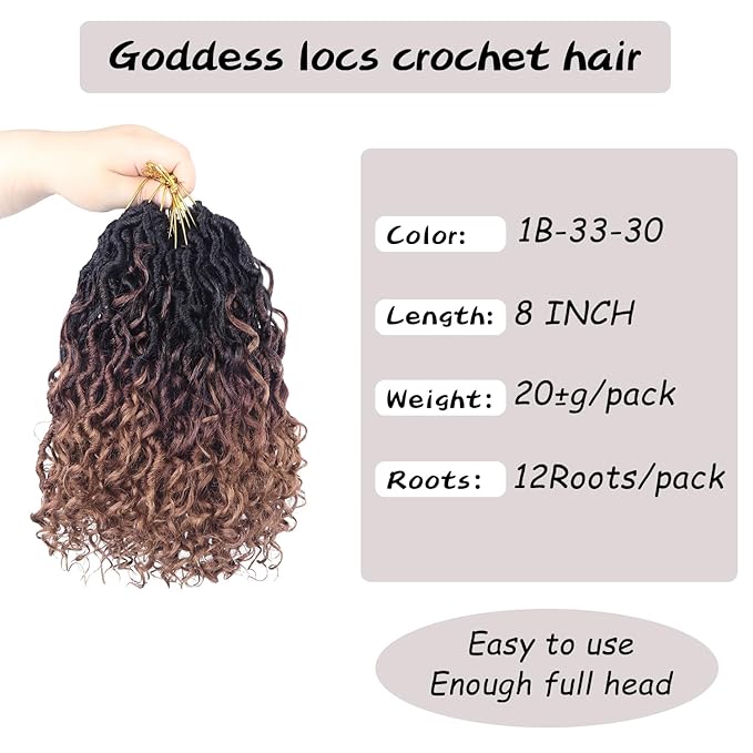 Goddess Locs Crochet Hair,8 Inch 9 Packs Faux Locs Synthetic Crochet Hair for Black Women, Boho Style Pre looped crochet with Curly Ends