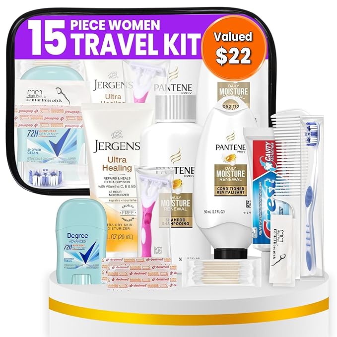 Trektote Toiletry Kit For Women, Featuring Top Brand Toiletries for Whole Body, TSA Compliant Travel Essentials with Shampoo, Conditioner, Lotion, Toiletry Bag & More, 15 Piece Set