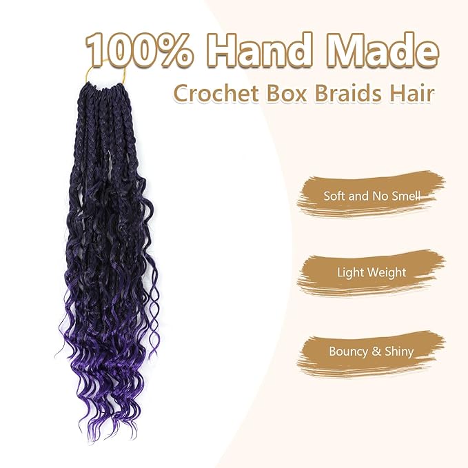 14Inch Crochet Box Braids Hair -8 Packs Goddess Box Braids Crochet Hair Bohemian Curly Crochet Hair Pre-looped Crochet Hair for Black Women(1B/Purple)