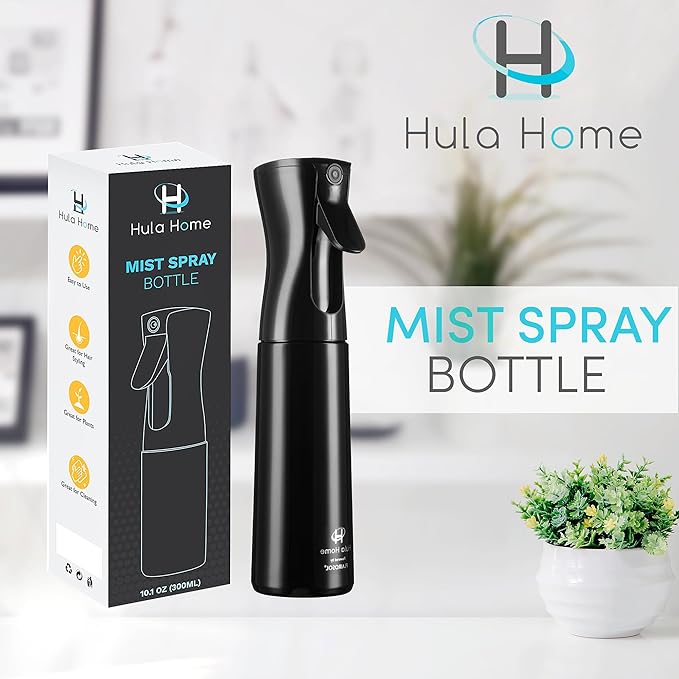Hula Home Spray Bottle for Hair (10.1oz/300ml) - Powered by Flairosol® Spray Technology - Continuous Ultra Fine Mist Sprayer – For Hairstyling, Cleaning, Salons, Plants, Essential Oil & More - Black