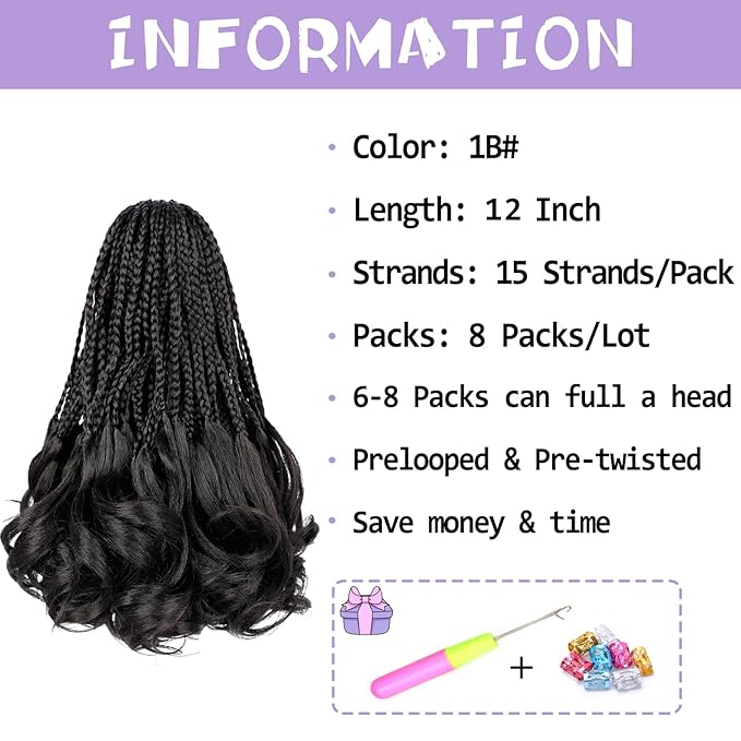 French Curl Crochet Braids 12 Inch Goddess Box Braids Crochet Hair 8 Packs Pre Looped Crochet Box Braid with Curly Ends Synthetic French Curly Braiding Hair Extensions 1B#