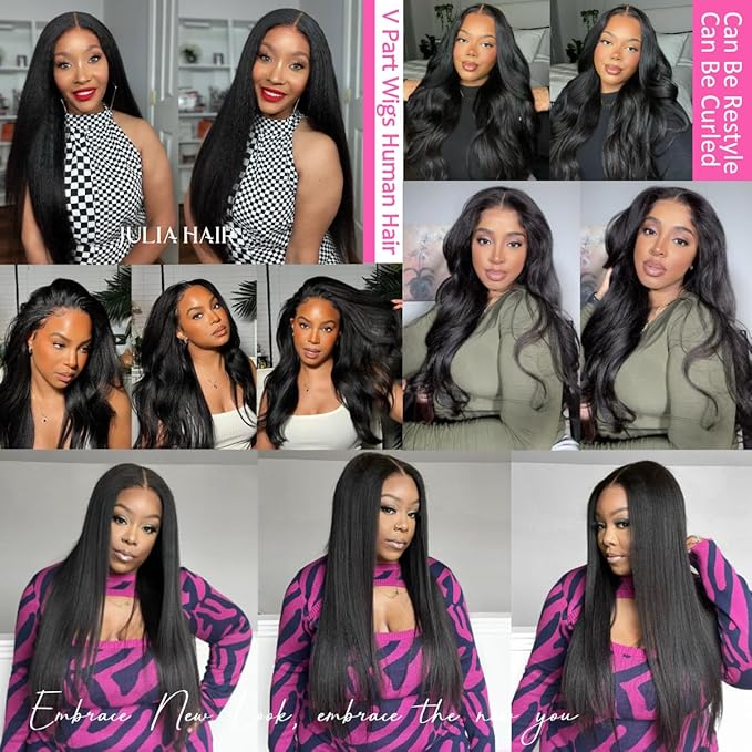 Julia Hair V Part Wig Human Hair Yaki Straight Glueless Wigs for Women 12A Briazilian Remy Hair Upgrade U Part Wig No Glue No Leave Out Beginner Friendly Natural Color 26 Inch Yaki Wig