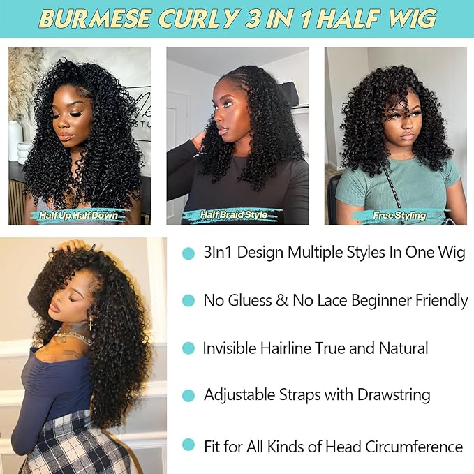 Kinky Curly Half Wig Human Hair 200% Density Wear Go Glueless Wigs Human Hair 20 Inch Curly 3 In 1 Half Wigs for Women Drawstring Seamless Flip Headband Wig Beginner Friendly
