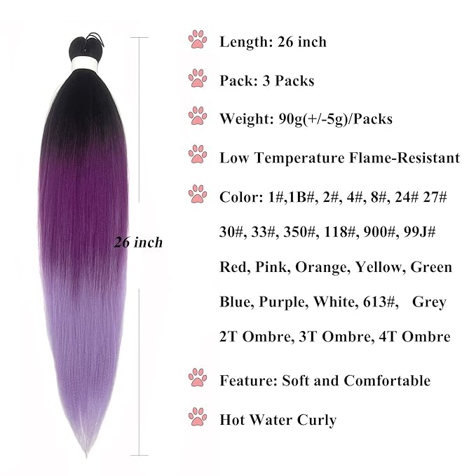 Purple Ombre Braiding Hair Pre Stretched Colored Hair Extensions for Braiding Micro Box Braids Prestretched Pre Stretched Braids Hair Ombre 26 inch 3 Packs