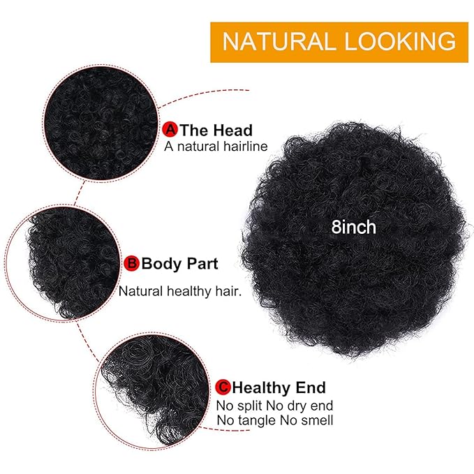 Afro Puff Drawstring Ponytail with Bangs ponytail extension for black women Short Curly Clip in Wrap Updo Hairpiece(1B) (No bangs, 1B)