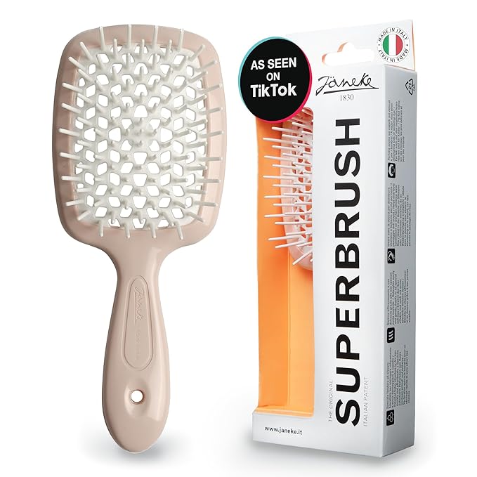 Janeke Superbrush Detangling Brush for Soft Smoothing Hair Brushing with Anti-Static Bristles - Vented Wet Hair Brush for Blow Drying Use - Perfect for Curly, Thick, Wavy, Fine Hair Types (Nude)