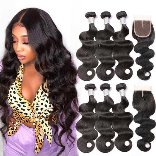 Beauty Princess Body Wave Human Hair 3 Bundles with Closure Double Weft 10A Brazilian Hair Bundles With Closure(16/18/20+14 Inch, 3 Bundles with closure)