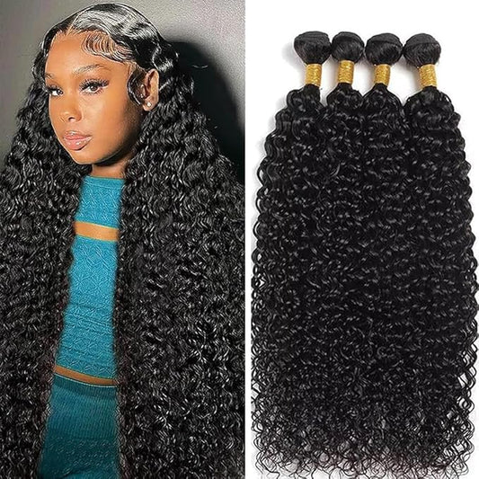 Water Wave Human Hair Bundles 20 22 24 26 Inch Burmese Curly 4 Bundles Human Hair 12A Unprocessed Brazilian Virgin Hair with Long-Lasting Curls Natural Black