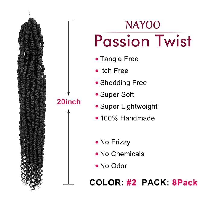 Passion Twist Hair - 8 Packs 20 Inch Passion Twist Crochet Hair For Women, Crochet Pretwisted Curly Hair Passion Twists Synthetic Braiding Hair Extensions (20 Inch 8 Packs, #2)