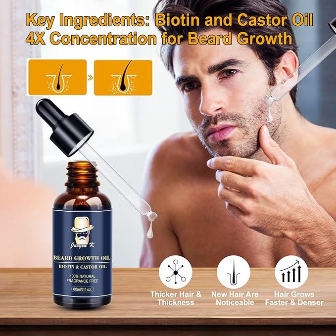 Jurgen K Beard Growth Kit, Upgraded Beard Growth Oil (2Oz) w/Biotin & Castor Oil, Beard Massager for Patchy/Spot Beard, Beard Kit for Men's Daily Grooming, Birthday Gifts for Him Boyfriend Husband