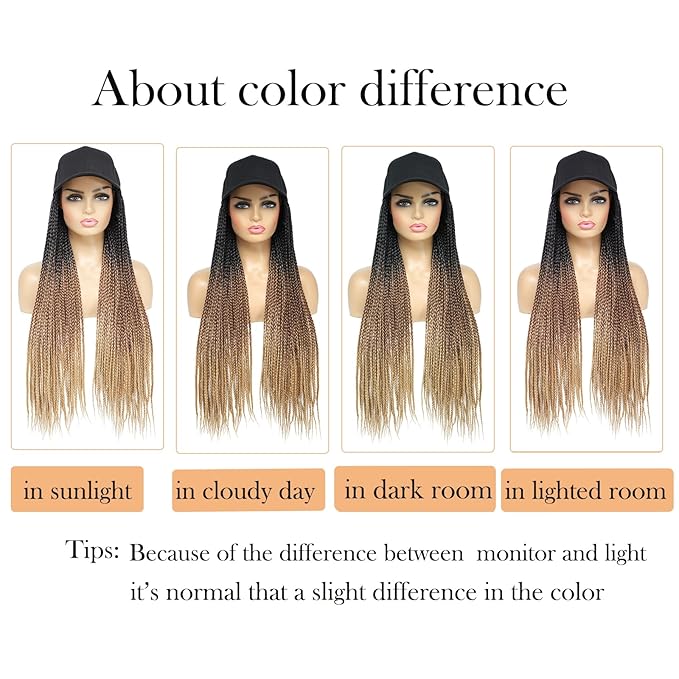 Hat Wig for Women Baseball Cap with Braided Hair Attached 24inch long Synthetic Ombre Box Braid Wig Hat Adjustable Cap with black brown light brown Braids for Daily Outdoor Use (B-53)