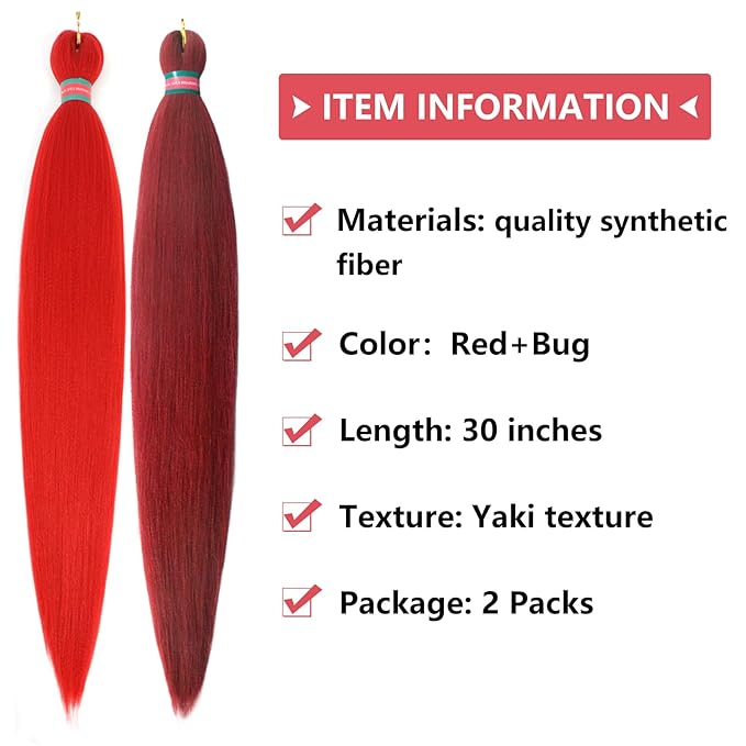 Red-Burgundy Pre stretched Braiding Hair 2 Packs Pre feathered Braid Hair Extensions 30 Inches Hair Braids