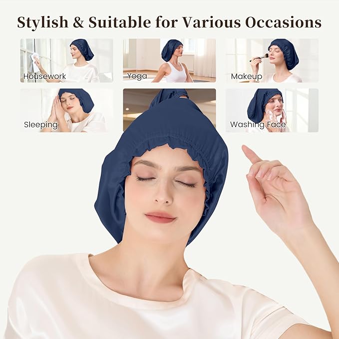 THXSILK 100% Pure Silk Bonnet for Sleeping Women Mulberry Silk Bonnet with Elastic Band Hair for Women Curly Hair Navy Blue