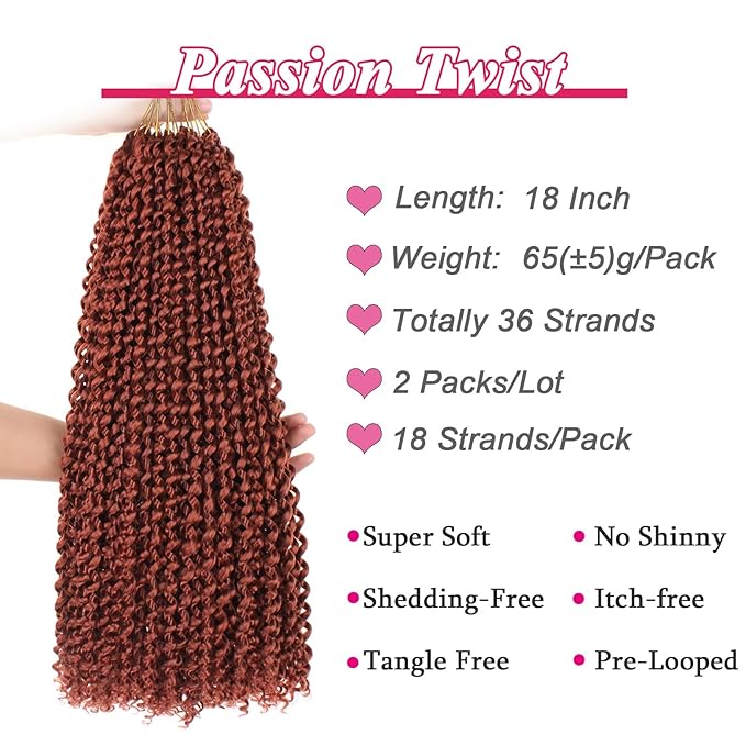 Leeven 18 Inch Water Wave Passion Twist Crochet Braids Hair for Butterfly Locs Crochet Hair 2 Pcs Hot Water Setting Copper Red Passion Twists Braiding Hair Long Bohemian Braids Hair 350#