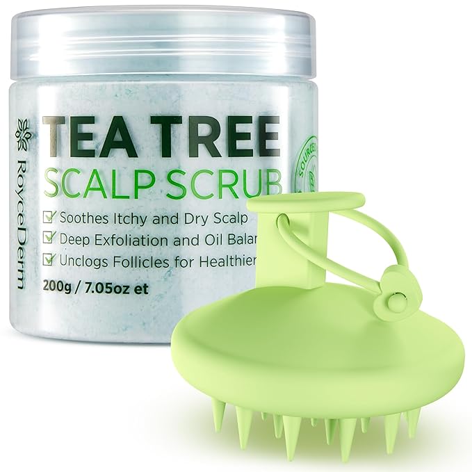Roycederm Tea Tree Scalp Scrub with Scalp Massager Brush - Deep Cleansing & Exfoliating Pre-Shampoo Treatment for Dry, Flaky Scalp – Gently Refreshes, Hydrates & Balances Scalp