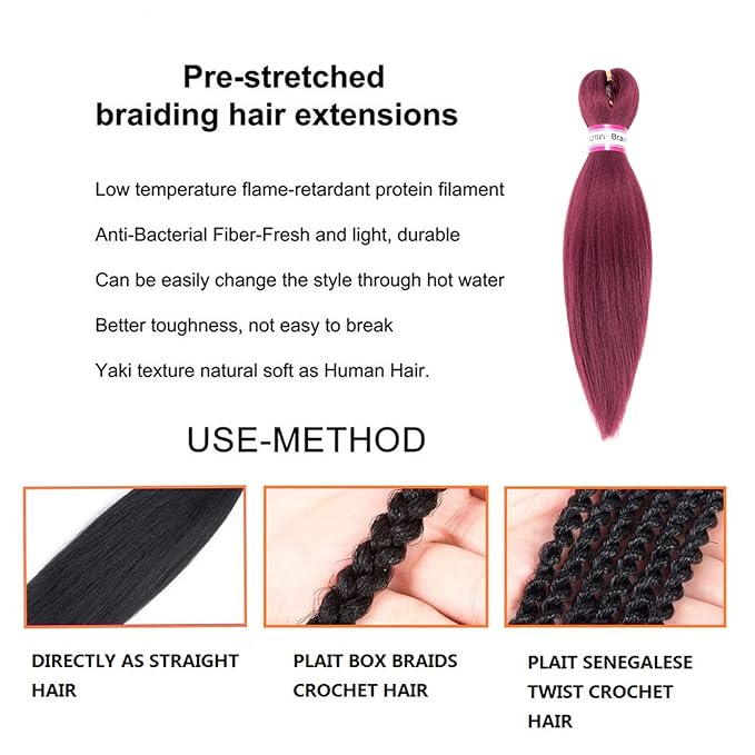Burgundy Braiding Hair Pre Stretched 12 Inch 8 Packs Braiding Hair Extensions for Box Braids Twists Locs Hair Itch Free Soft Yaki Texture Hot Water Setting (12inch,#Burgundy)