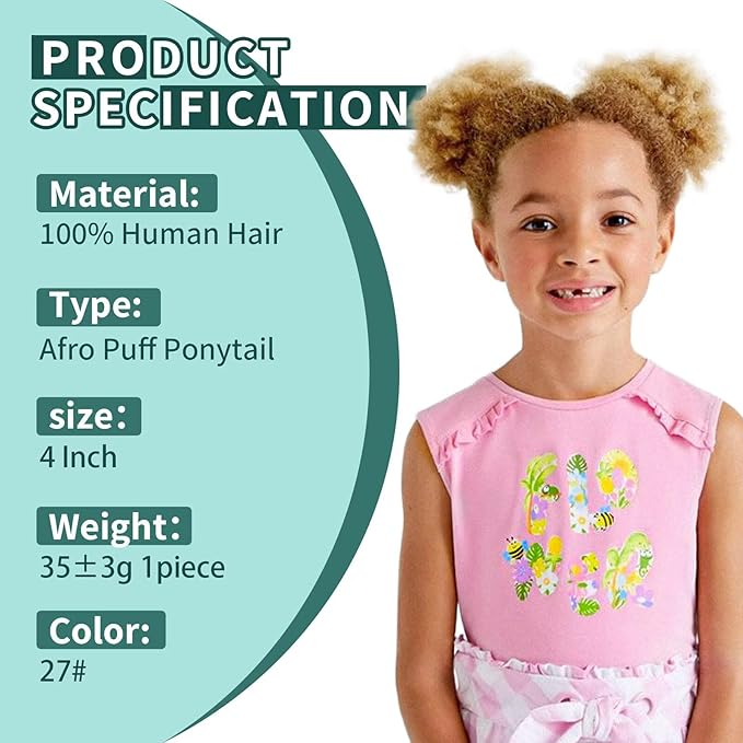 Afro Puff Ponytail for Black Women 100% Human Hair Ponytail Extension Short Updo Hair Buns Small Size Curly Ponytail for Little Girls 2 Clips 4 Inch Honey Blonde Color