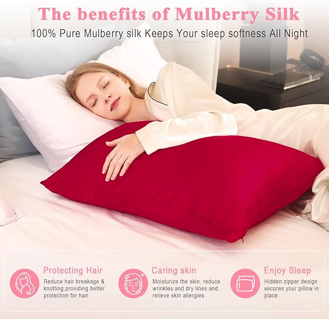 100% Pure Silk Pillowcase 2 Pack for Hair and Skin, Both Sides 23 Momme Grade 6A+ Mulberry Silk Pillowcases with Hidden Zipper, Soft&Smooth Cooling Pillow Cases (Red, Queen 20x30)