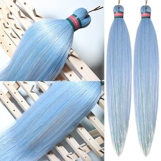 Baby Blue mix Tinsel Pre stretched Braiding Hair 2 Packs Pre feathered Braid Hair Extensions 18 Inches Hair Braids