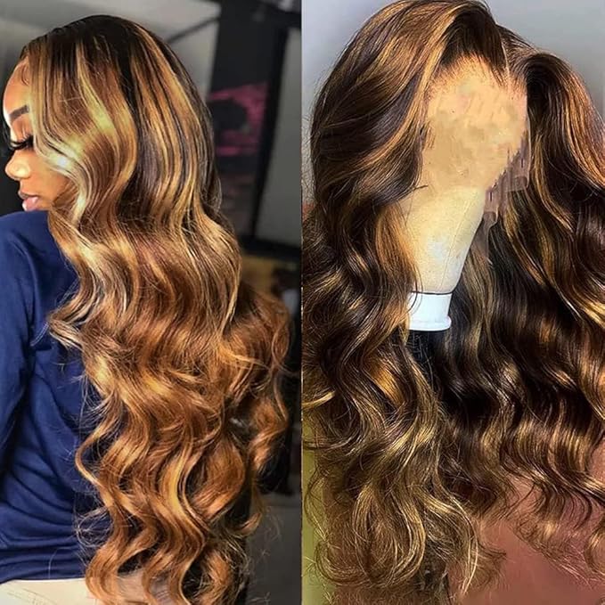 SENSAIRUITE Highlight Ombre Lace Front Wigs Human Hair Pre Plucked 180% Density 13x4 Body Wave Frontal Wigs Human Hair for Black Women 18 Inches