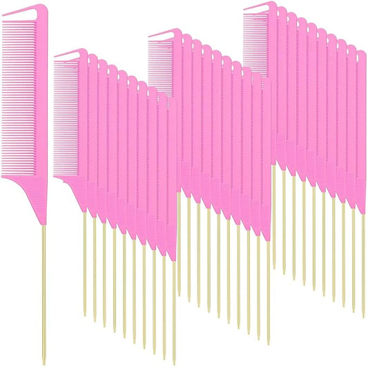 Patelai 30 Pieces Rat Tail Combs Bulk, Hair Teasing Fine Tooth Pintail Combs Braiding Hair Styling Tools with Steel Pin for Stylists Salon Teasing Sectioning Coloring Detangling(Pink and Gold)