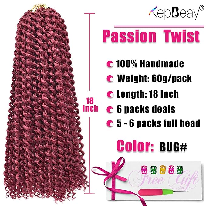 Passion Twist Hair 18Inch 6 Packs Passion twists Crochet Hair Water Wave Crochet Hair for Black Women (18 Inch (Pack of 6), Bug) …