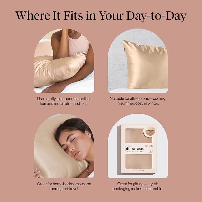 Kitsch Satin Pillowcase with Zipper for Hair & Skin, Softer Than Silk Pillow Cases Queen, Wrinkle-Free, Smooth and Cooling Satin Pillow Covers, Standard Size 19"x26" - Champagne