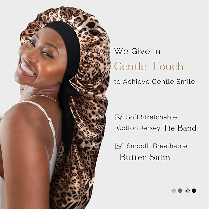 2 Pcs Hair Bonnets for Women Satin, Black Leopard Soft Elastic Band Long Satin Bonnet Sleeping Cap for Women Bonnet for Braids