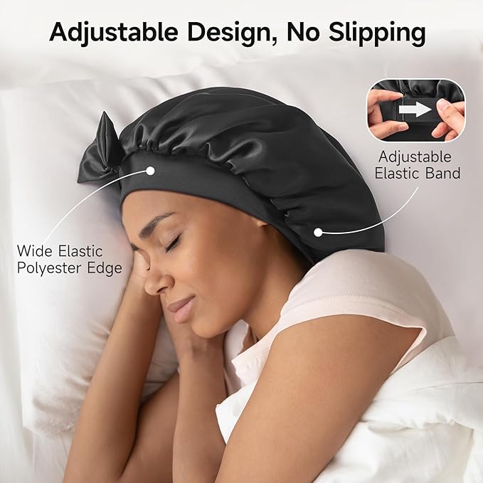 Umisleep Double-Sided 100% 22 Momme Mulberry Silk Bonnet for Sleeping Women, Large Silk Hair Wrap for Long Curly Hair, Non-Slip Sleep Cap with Adjustable Band, Ebony