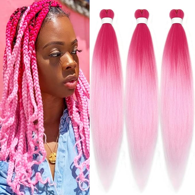 Ombre Braiding Hair Pre Stretched Colored Pink Kanekalo Braiding Hair Extensions for Braiding Box Braids Knotless Crochet Jumbo Kids Micro Prestretched Braiding Hair Ombre 24 Inch 3 Pack