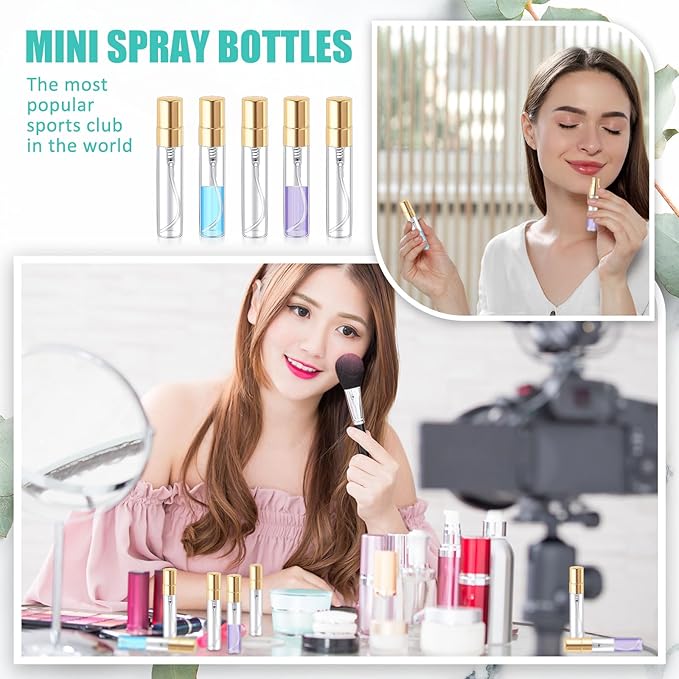 Zhehao 75 Pcs Mini Spray Bottles 5 ml Clear Glass Perfume Bottles Refillable Fine Mist Perfume Atomizer Portable Empty Sample Containers for Cleaning, Essential Oils, Travel (Gold Cap)