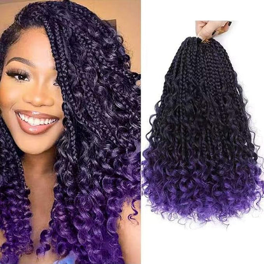 9 Packs Goddess Box Braids Crochet Hair Boho Crochet Box Braids With Curly Ends Crochet Hair For Black Women, 14 Inch Pre Looped Bohemian Crochet Box Braids Hair (14Inch 9 Packs,Tpurple)