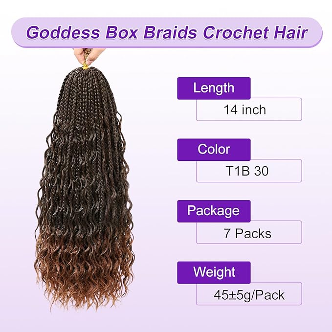 Eacia Goddess Box Braids Crochet Hair 14 Inch 7 Packs Boho Box Braids Pre looped Curly Bohemian Crochet Hair Extensions with Curly Ends for Women(14 Inch, T1B/30#)