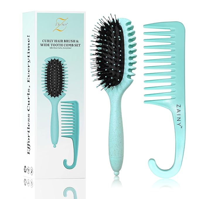 ZAINY Curl Defining Brush 2PC Set, Wide Tooth Comb for Curls, Curly Hair Brush for Women, Wet Detangler Wavy Hairbrush & Shower Detangling Curl Comb & Define Curl Brush for Kids, Girls, Toddlers & Men