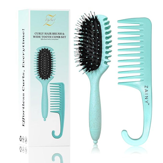 ZAINY Curl Defining Brush 2PC Set, Wide Tooth Comb for Curls, Curly Hair Brush for Women, Wet Detangler Wavy Hairbrush & Shower Detangling Curl Comb & Define Curl Brush for Kids, Girls, Toddlers & Men