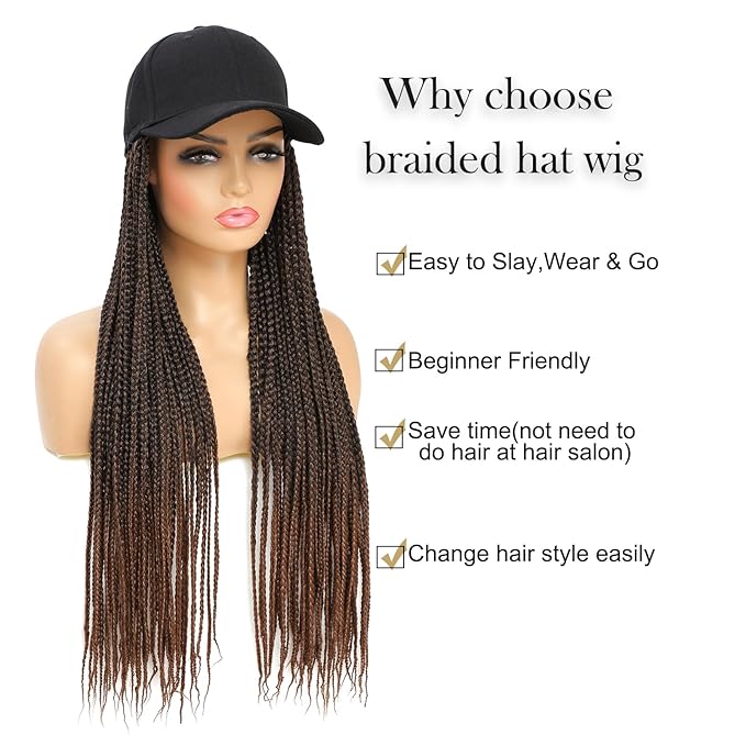 Hat Wig for Women Baseball Cap with Braided Hair Attached Synthetic Box Braid Wig Hat Adjustable Cap with ombre dark brown Braids for Daily Outdoor Halloween Use