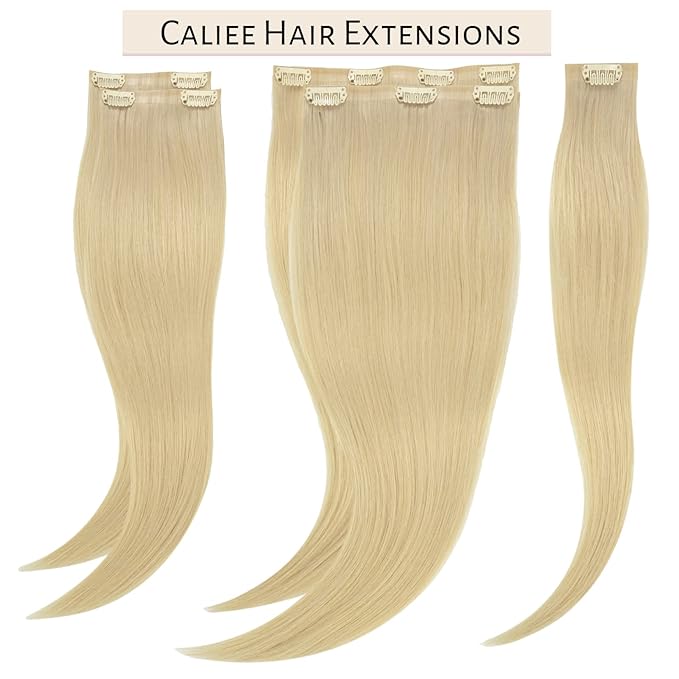 Caliee Clip in Hair Extensions Real Human Hair PU Weft Invisible Seamless Clip in Human Hair Extensions Color 60 Bleach Blonde 7PCS Long Straight Soft Silky Natural Hair Women 14Inch