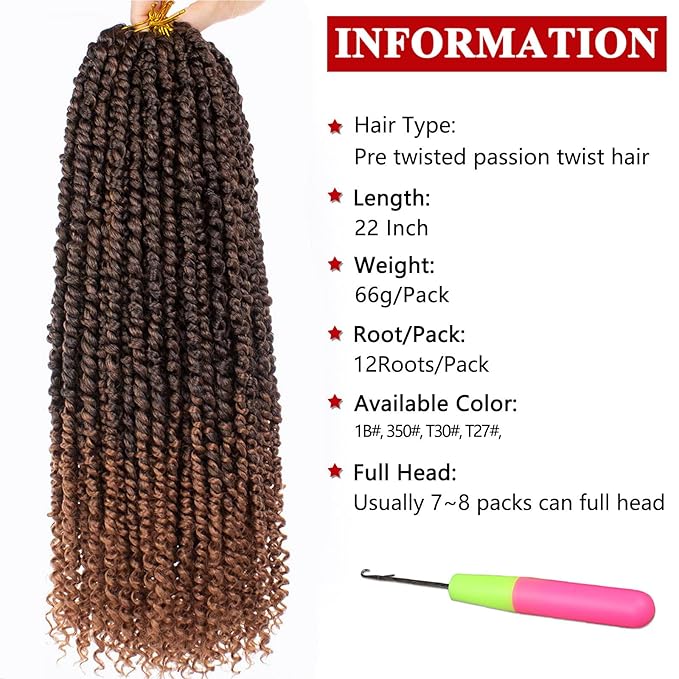 Xtrend 8packs 22inch Pre-twisted Passion Twist Hair Natural Black Pre-looped Passion Twists Crochet Braids Synthetic Hair Extensions Crochet Hair For Women (8packs, T30#)