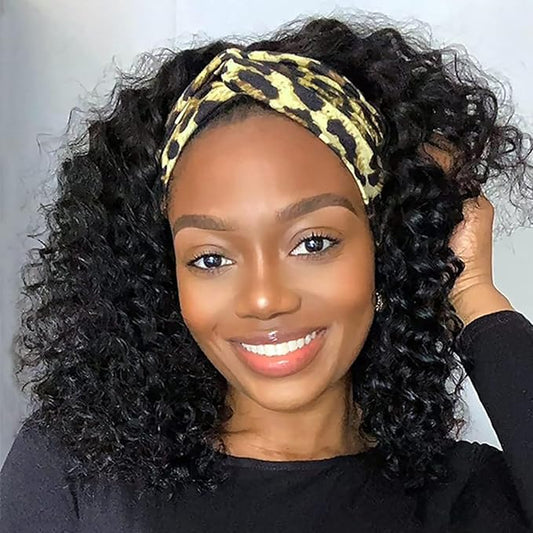 Headband Wig Human Hair Deep Wave Headband Wig Human Hair Machine Made Glueless None Lace Front Wigs Brazilian Virgin Wig for Black Women Natural Color 150% Density 12Inch