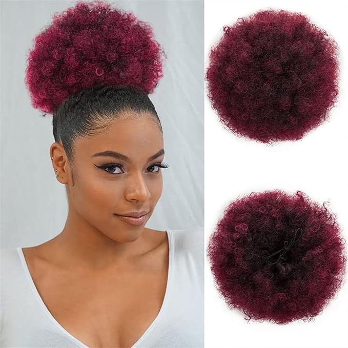 Afro Puff Ponytail Extension Wigs for Black Woman, 99J Burgundy 100% Human Hair 8 Inch Afro Puff Curly Kinky Drawstring Ponytail Bun Short Hair Extensions Clip On Ponytail Bun Hairpieces Updo Wigs