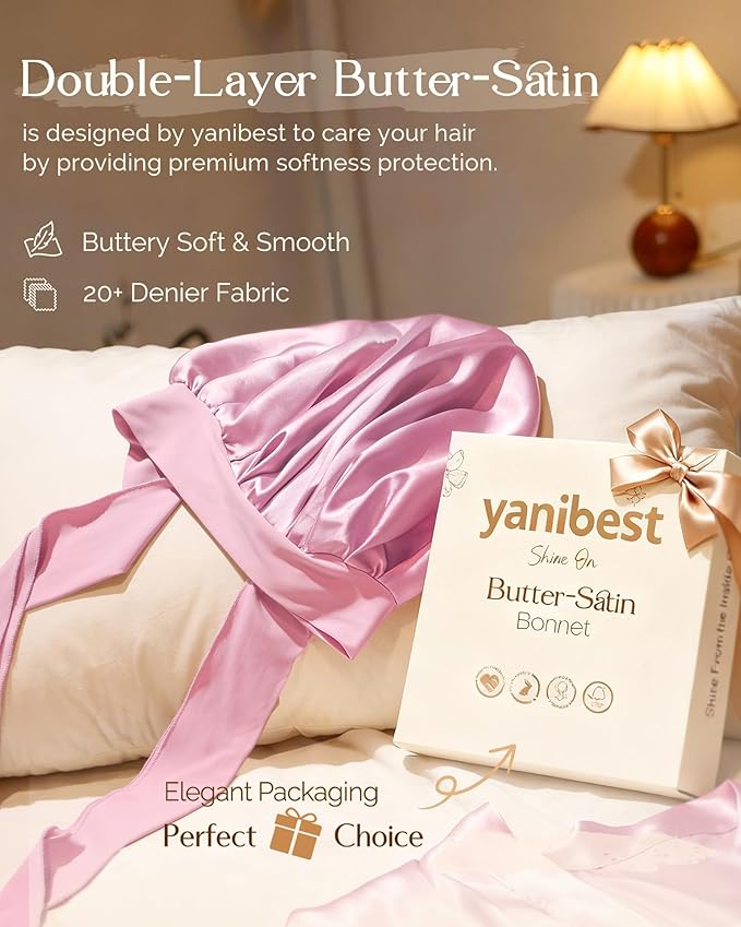 YANIBEST Silk Bonnet for Sleeping Women Adjustable Double Layer Satin Bonnet Reduce Friction Prevent Frizz Natural Curly Hair