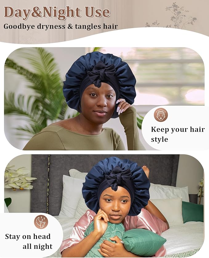 Reversible Satin Bonnet for Sleeping Women Double Layer Hair Bonnet with 2PCS Hair Scrunchies Elastic Tie Band Night Cap