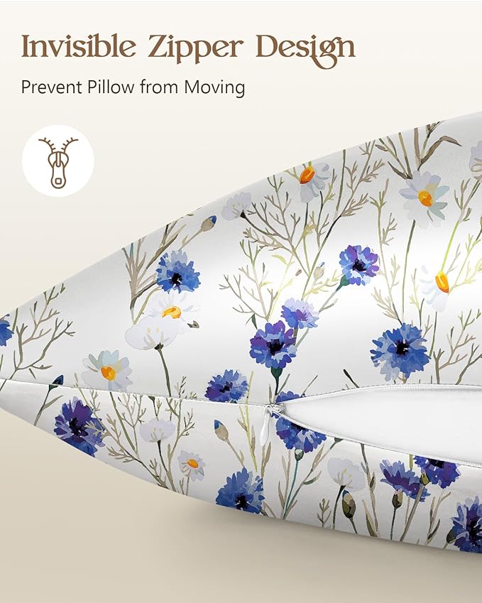 Silk Pillowcase 2 Pack - Pillow Cases 20" x 30" Queen Size Set of 2 for Hair and Skin Smooth Soft Breathable with Hidden Zipper Cooling Pillow Covers for Sleeping,Blue Daisy