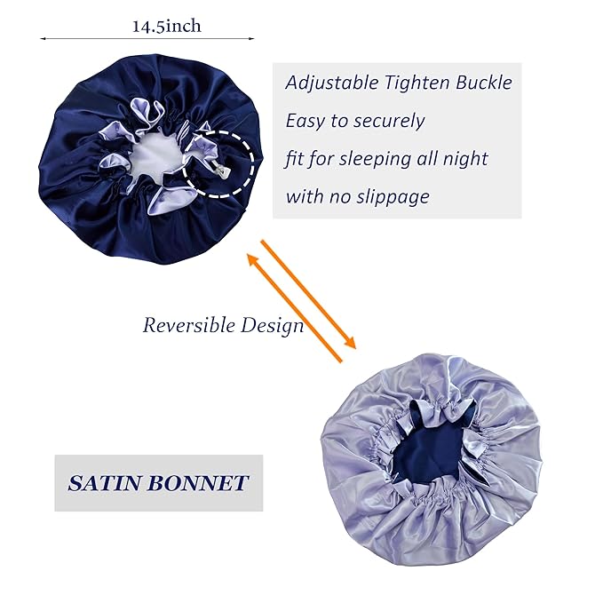 Silk Bonnet for Sleeping Satin Bonnets Double Layer Reversible Hair Cap Bonnet for Women Long Curly Braid Hair (Navy)