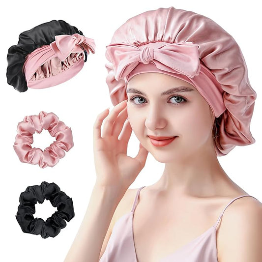 Silk Bonnet for Sleeping Women, 22 Momme 100% Mulberry Silk Sleep Cap with 2 Matching Silk Scrunchies, Double-Sided Wearable Hair Bonnet for Night Hair Care and All Hair Types - Pink